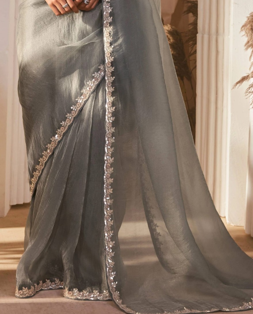 GREY - Amazing Grey Border Work Organza Reception Wear Saree With Blouse