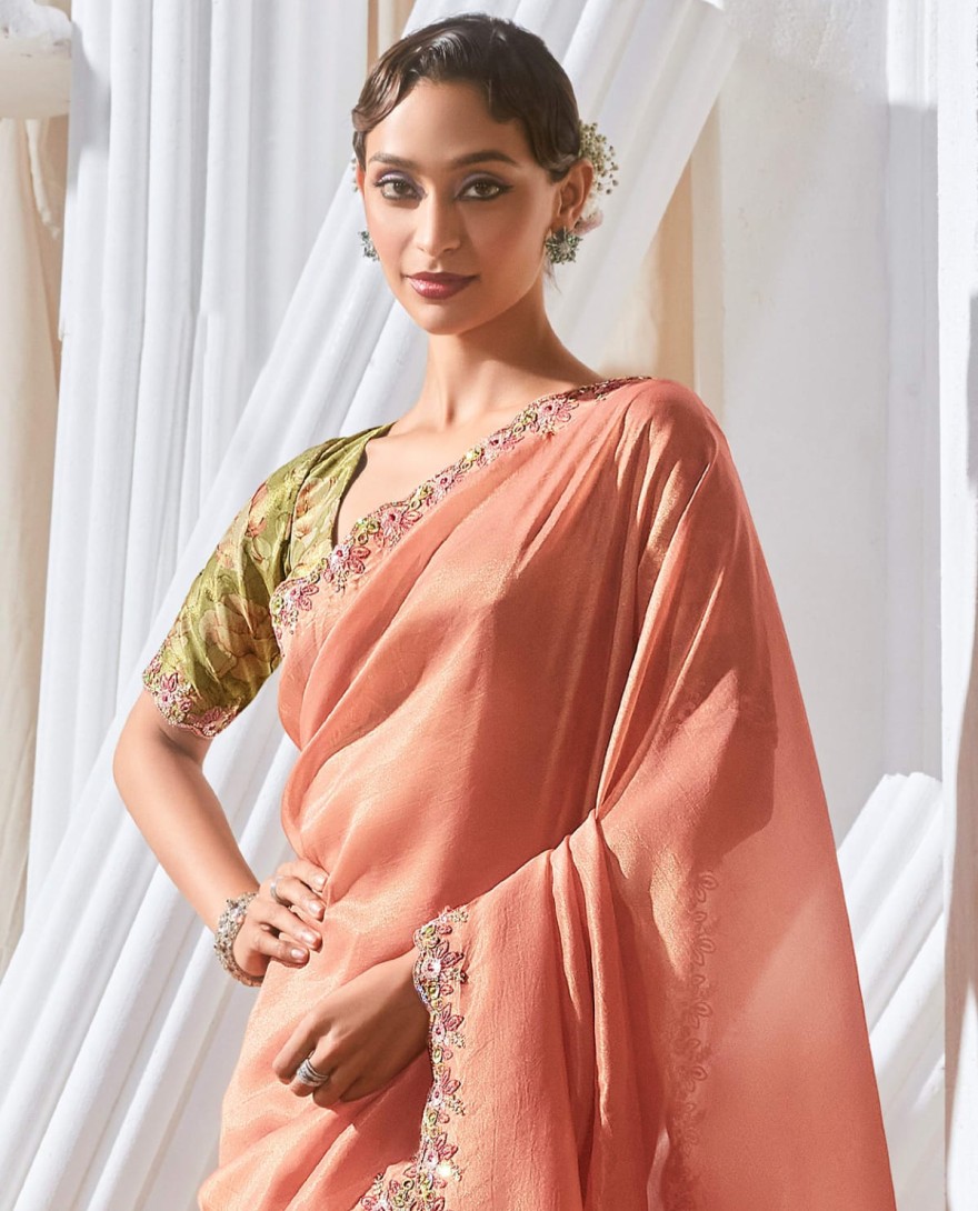 PEACH - Classic Peach Border Work Organza Engagement Wear Saree With Blouse