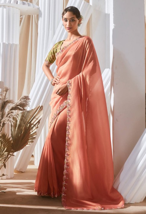 Classic Peach Border Work Organza Engagement Wear Saree With Blouse