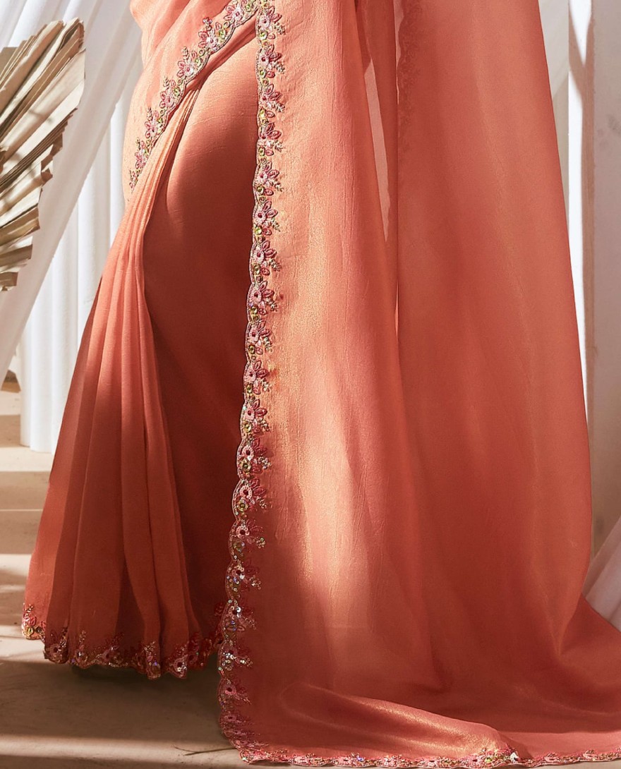 PEACH - Classic Peach Border Work Organza Engagement Wear Saree With Blouse