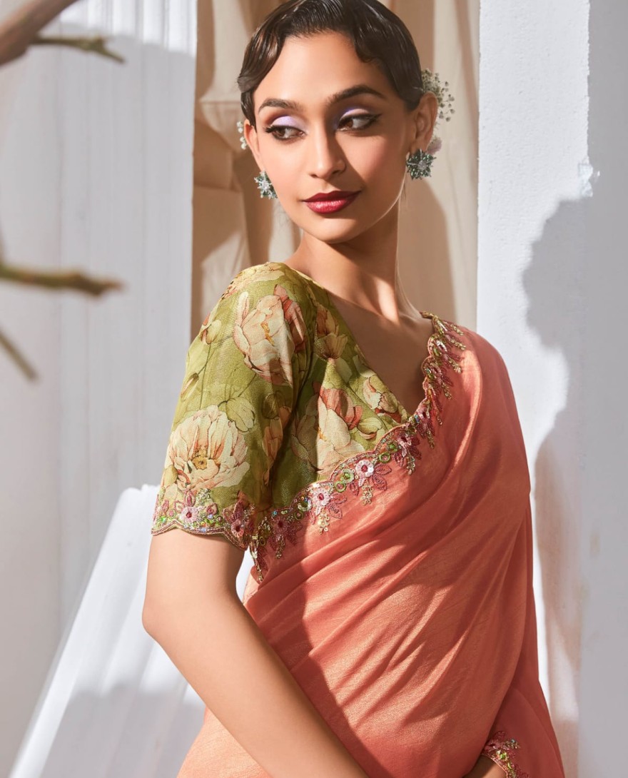 PEACH - Classic Peach Border Work Organza Engagement Wear Saree With Blouse