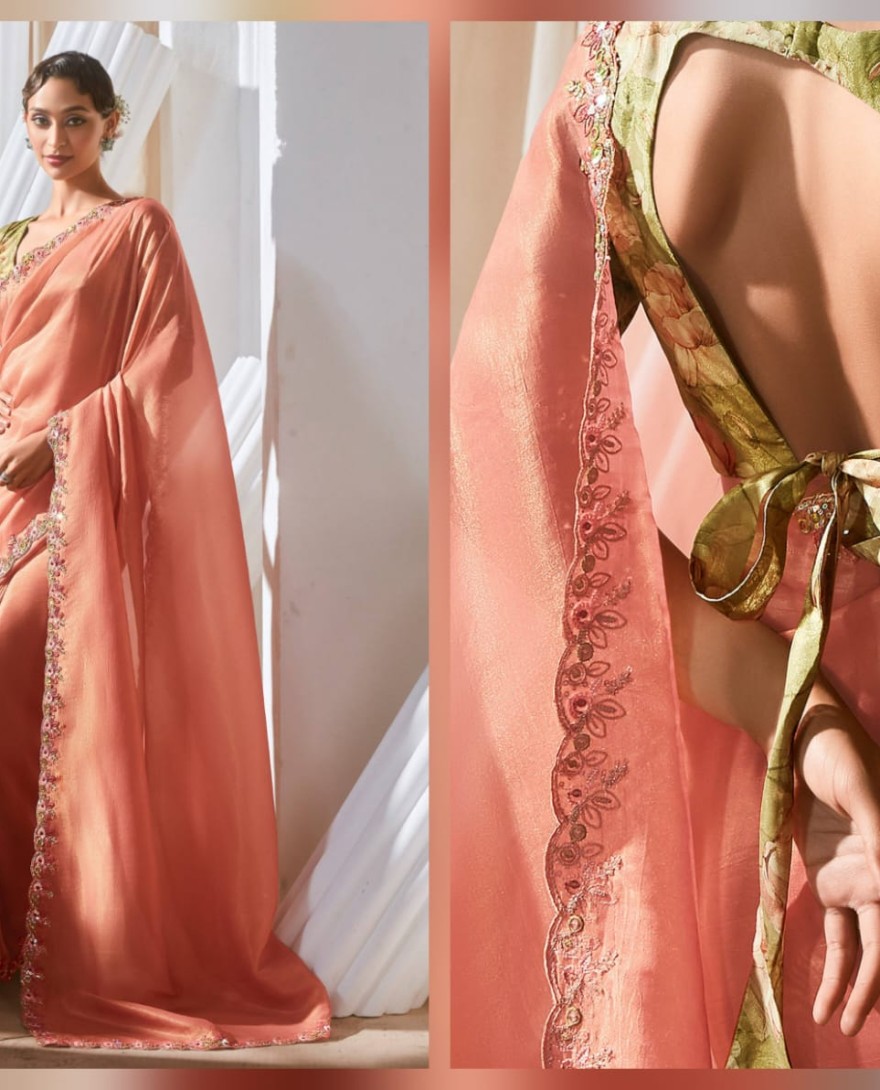 PEACH - Classic Peach Border Work Organza Engagement Wear Saree With Blouse