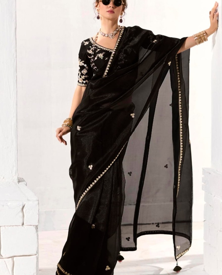 2211 - Fantastic Black Sequins Tissue Silk Party Wear Saree With Blouse