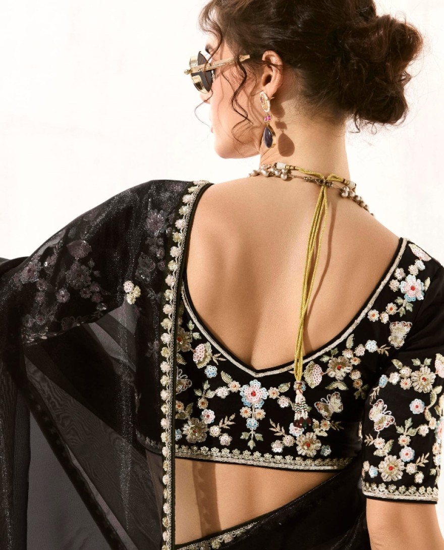2211 - Fantastic Black Sequins Tissue Silk Party Wear Saree With Blouse