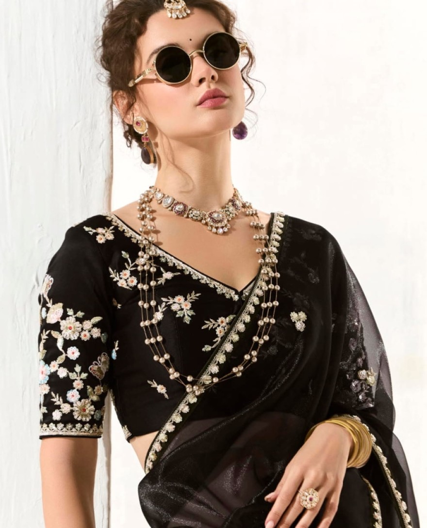 2211 - Fantastic Black Sequins Tissue Silk Party Wear Saree With Blouse