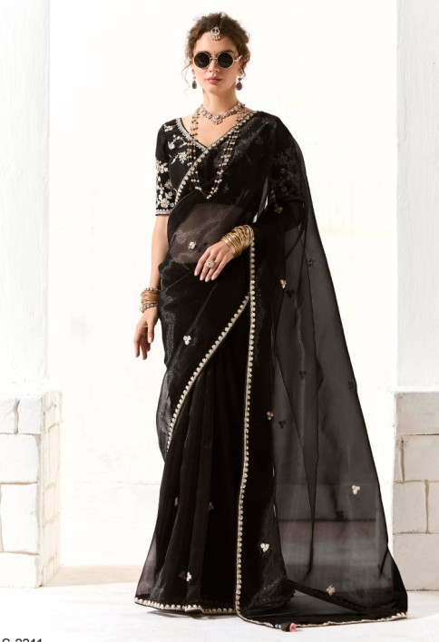 Fantastic Black Sequins Tissue Silk Party Wear Saree With Blouse