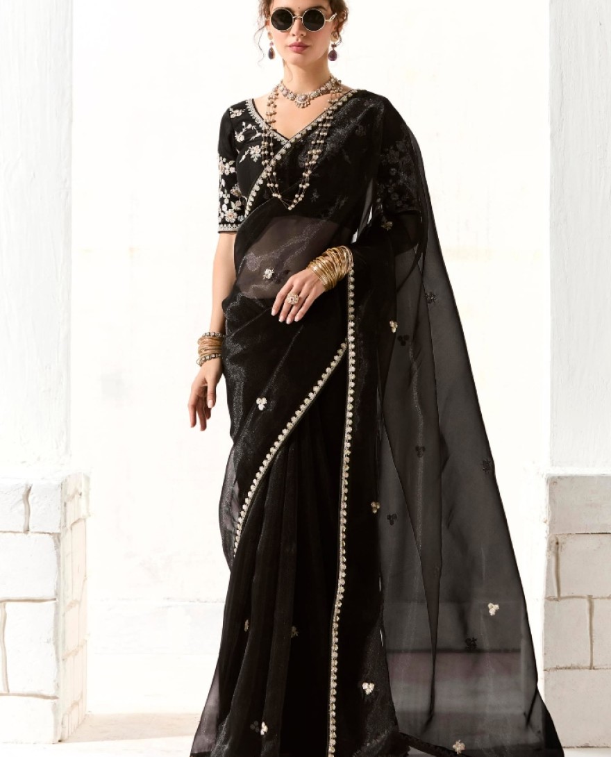2211 - Fantastic Black Sequins Tissue Silk Party Wear Saree With Blouse
