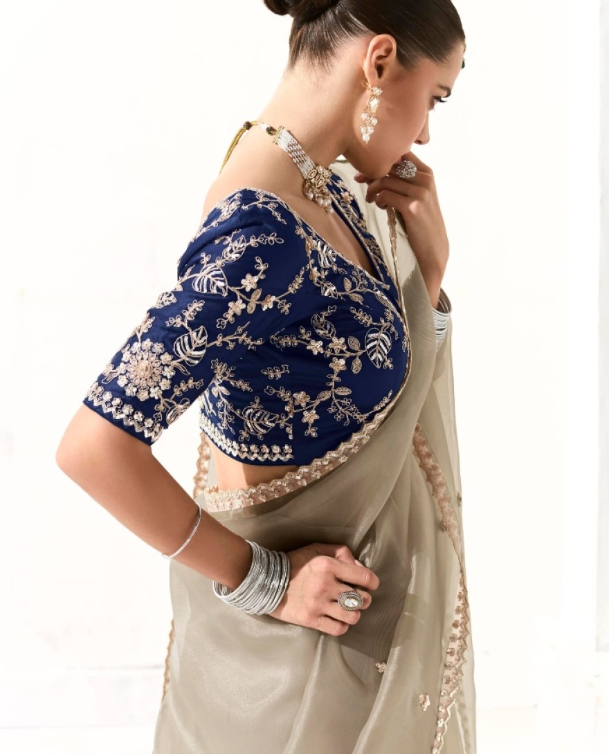 2212 - Awesome Grey Sequins Tissue Silk Festive Wear Saree With Blouse