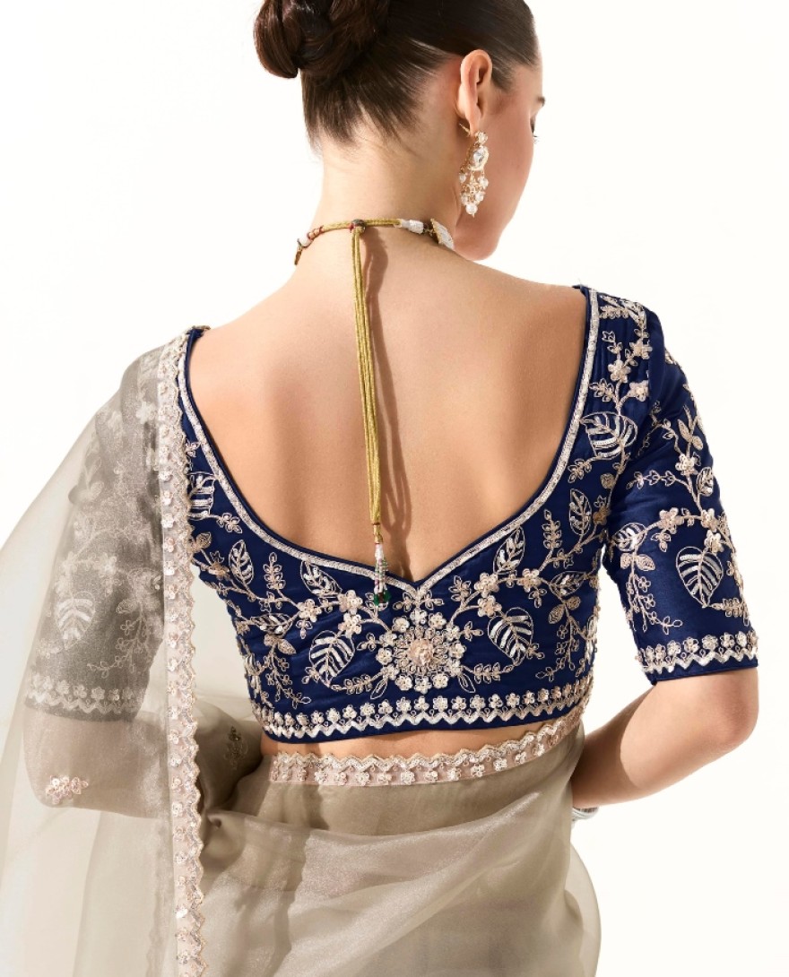 2212 - Awesome Grey Sequins Tissue Silk Festive Wear Saree With Blouse