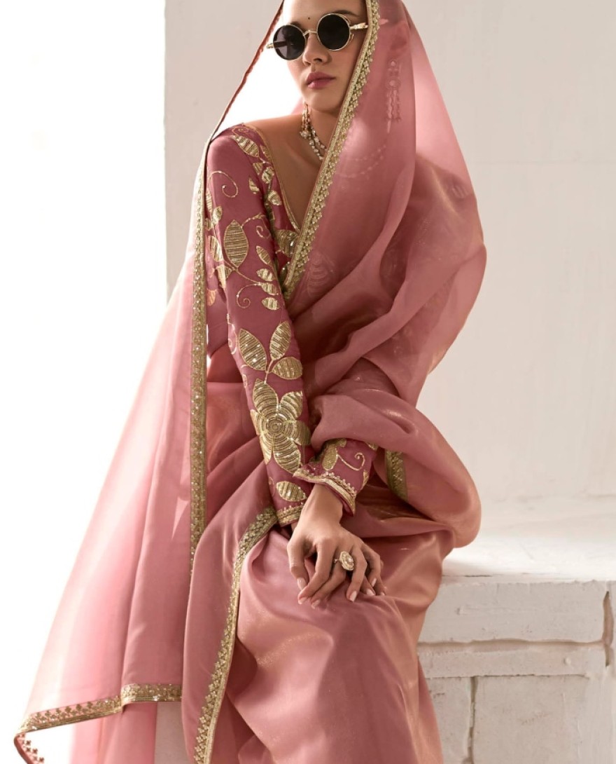 2213 - Adorable Peach Sequins Tissue Silk Event Wear Saree With Blouse