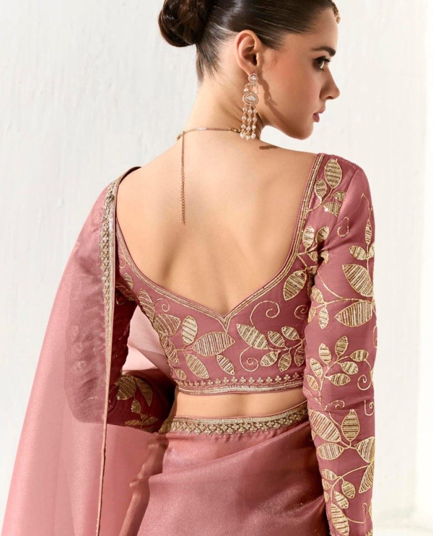 2213 - Adorable Peach Sequins Tissue Silk Event Wear Saree With Blouse