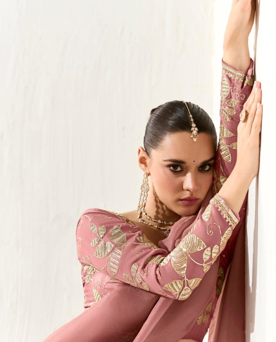 2213 - Adorable Peach Sequins Tissue Silk Event Wear Saree With Blouse