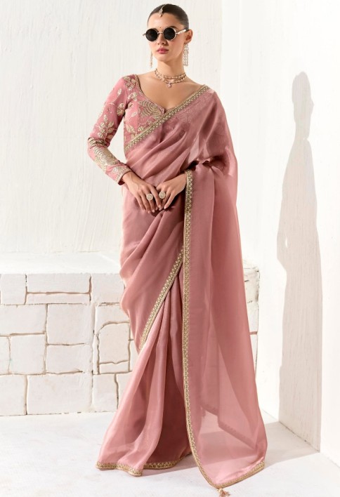 Adorable Peach Sequins Tissue Silk Event Wear Saree With Blouse