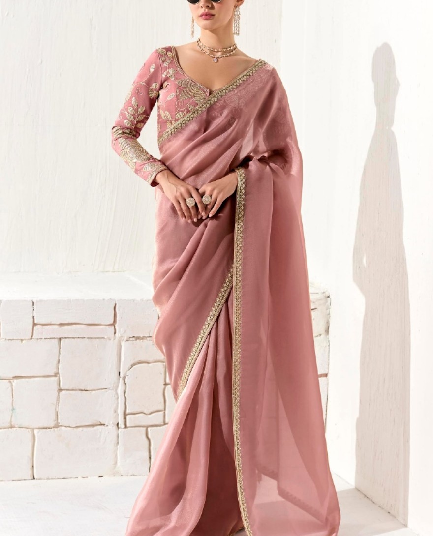 2213 - Adorable Peach Sequins Tissue Silk Event Wear Saree With Blouse