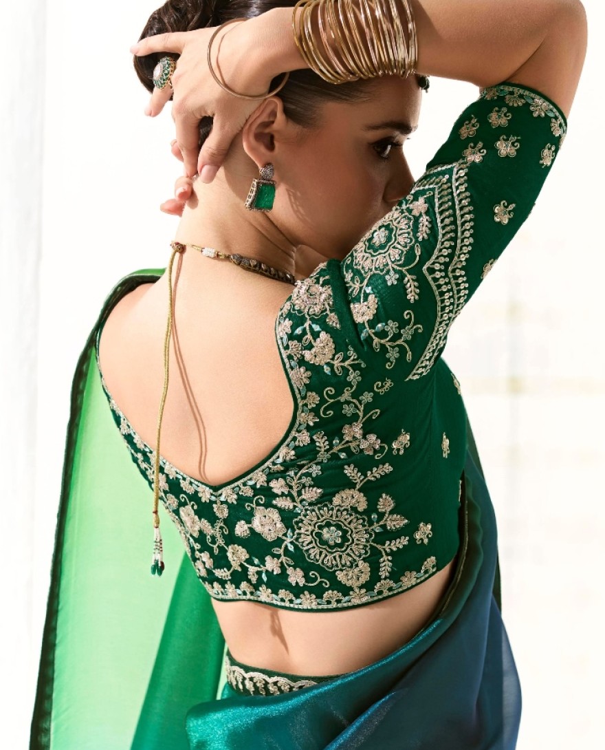 2214 - Embrace Teal Green Border Work Tissue Silk Party Wear Saree