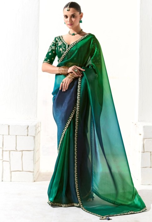 Embrace Teal Green Border Work Tissue Silk Party Wear Saree