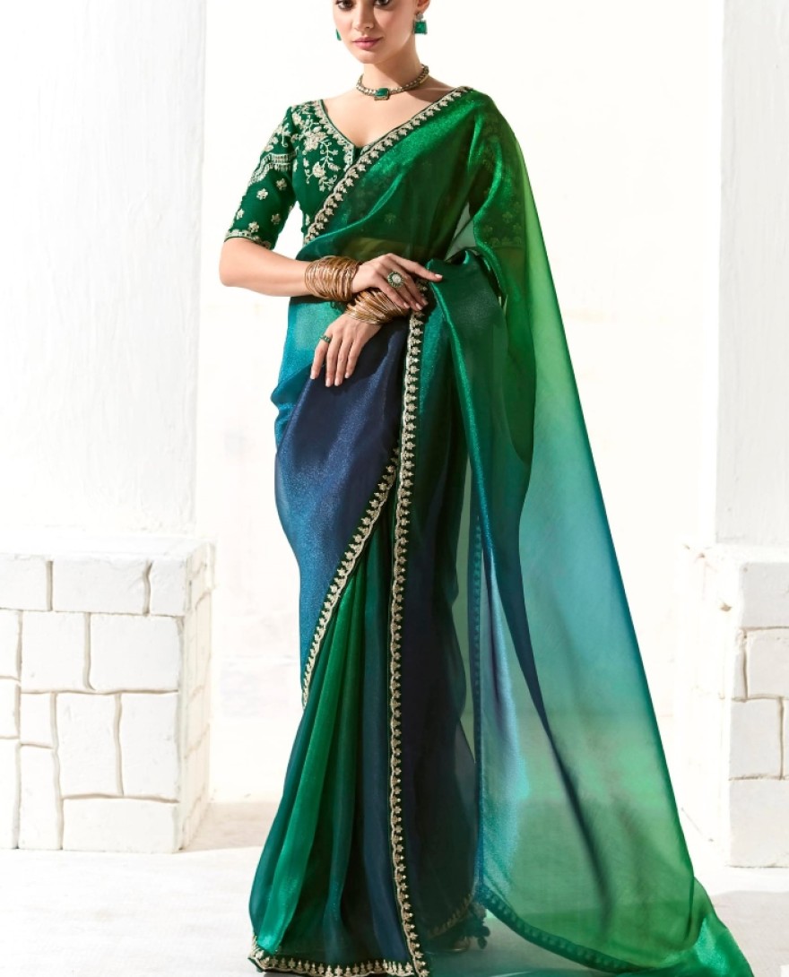 2214 - Embrace Teal Green Border Work Tissue Silk Party Wear Saree