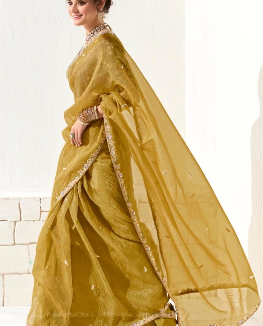 2215 - Engaging Mustard Yellow Thread Embroidered Tissue Silk Haldi Wear Saree