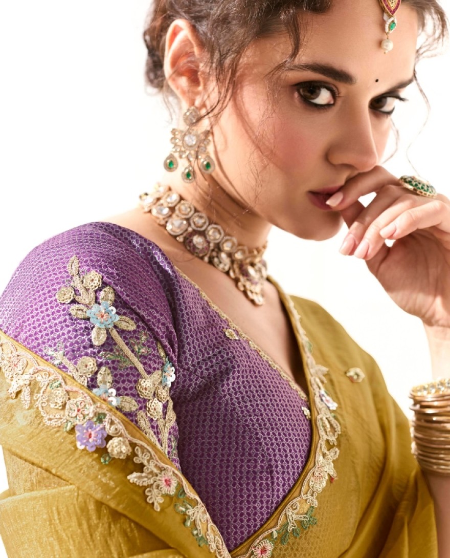 2215 - Engaging Mustard Yellow Thread Embroidered Tissue Silk Haldi Wear Saree