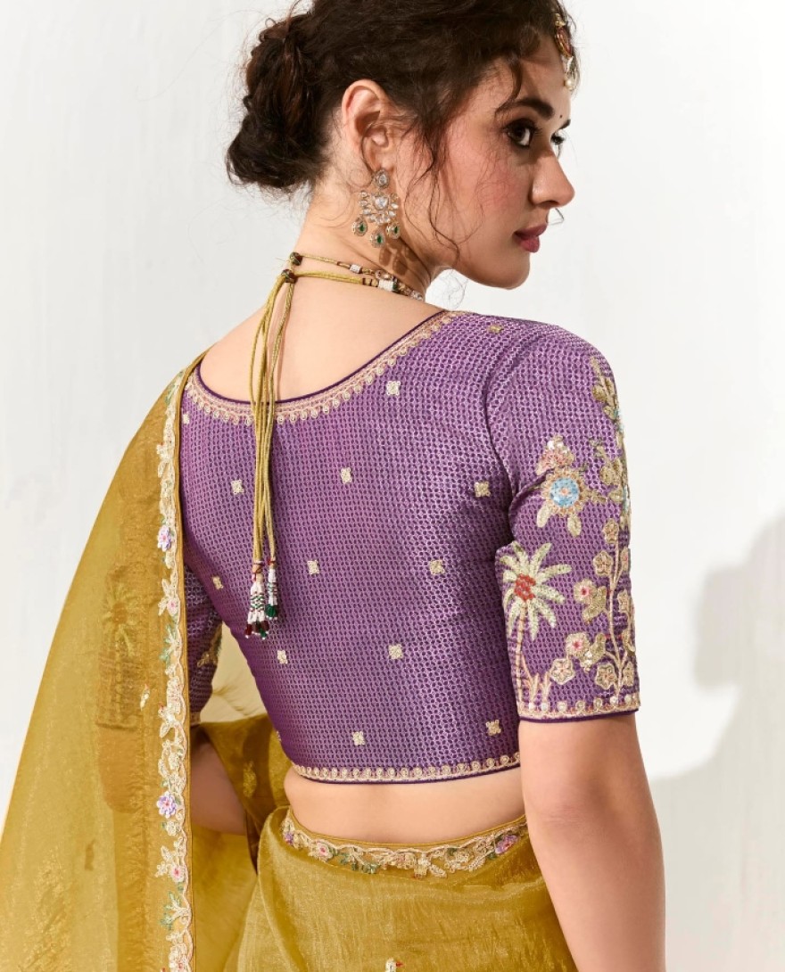 2215 - Engaging Mustard Yellow Thread Embroidered Tissue Silk Haldi Wear Saree