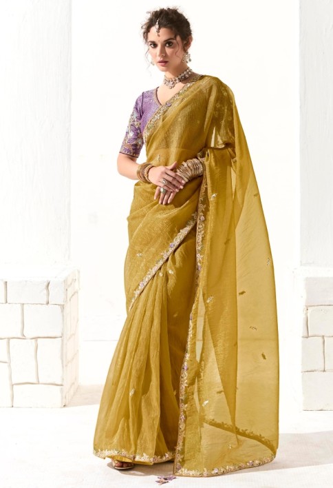 Engaging Mustard Yellow Thread Embroidered Tissue Silk Haldi Wear Saree