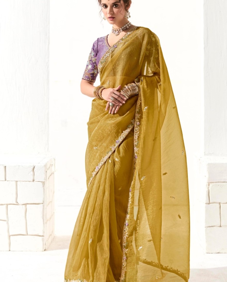 2215 - Engaging Mustard Yellow Thread Embroidered Tissue Silk Haldi Wear Saree
