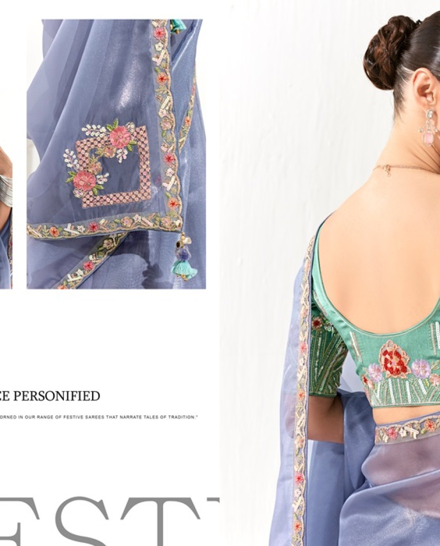 2217 - Mesmerizing Dusty Blue Border Work Tissue Silk Engagement Wear Saree