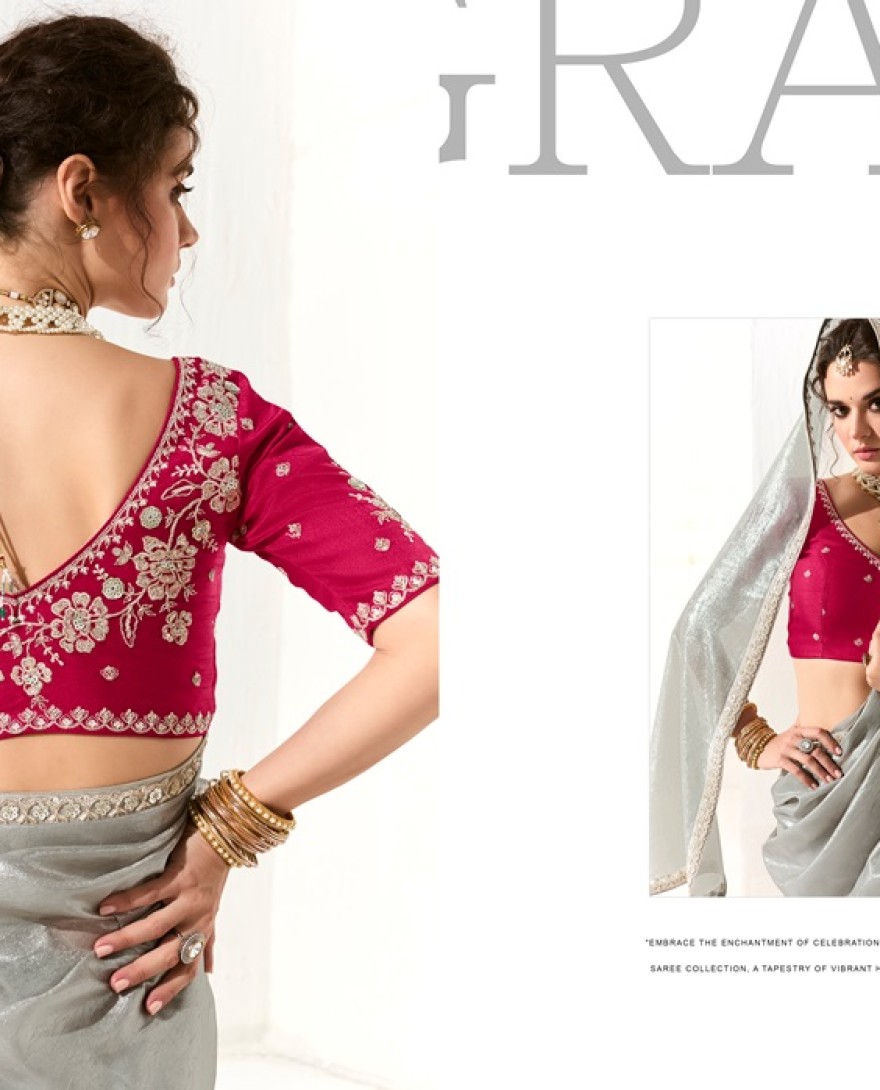 2218 - Bewitching Grey Zari Work Tissue Silk Reception Wear Saree