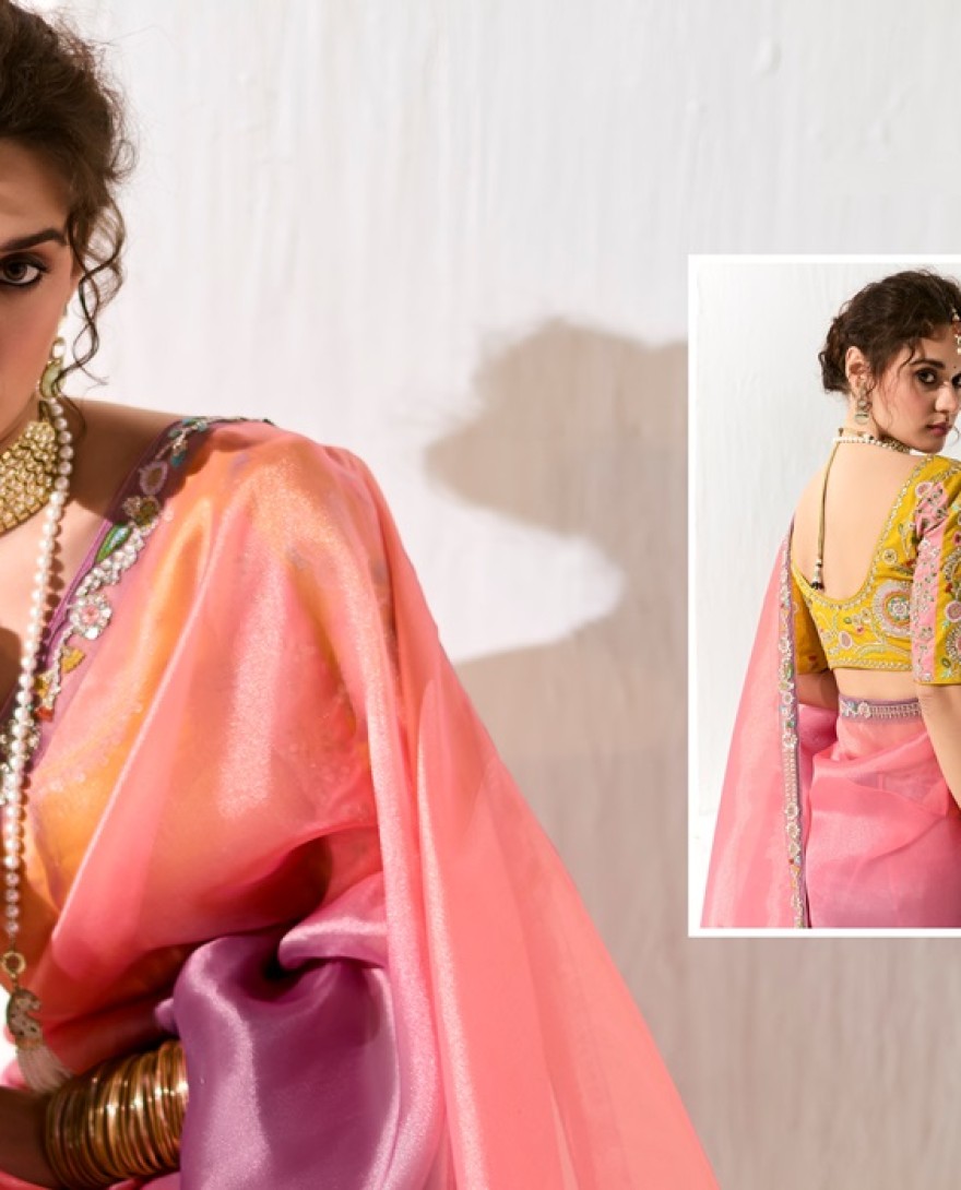 2220 - RAVISHING PEACH & PURPLE SHADED TISSUE SILK BRIDESMAID SAREE WITH BLOUSE