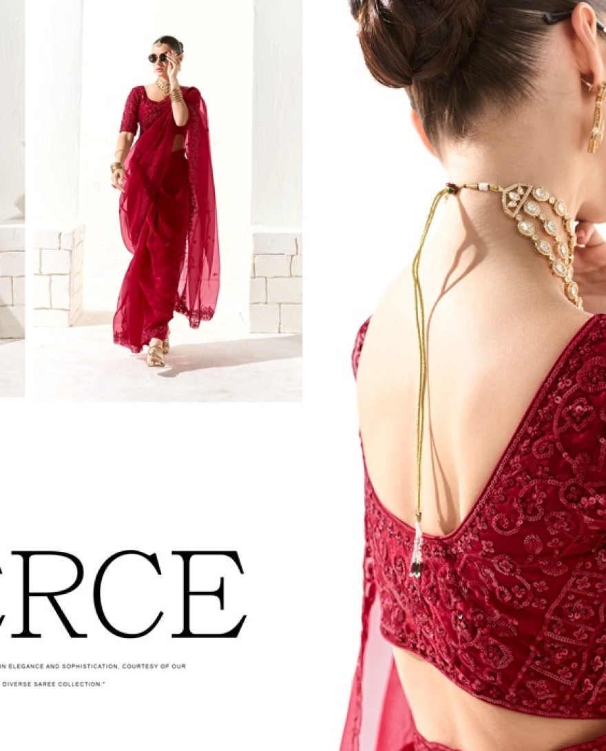 2222 - LOVELY RED SEQUINS WORK TISSUE SILK BRIDAL WEAR SAREE WITH BLOUSE