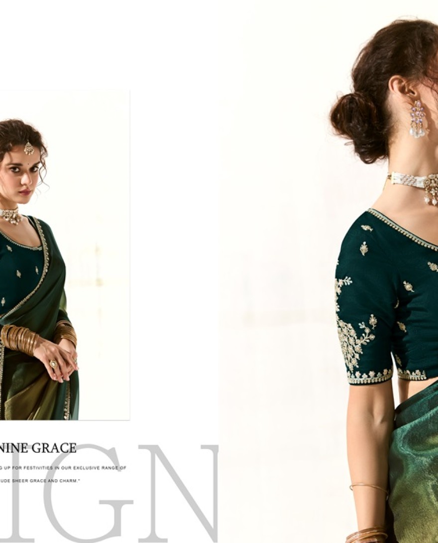 2223 - ATTRACTIVE TEAL GREEN BORDER WORK TISSUE SILK FESTIVE WEAR SAREE