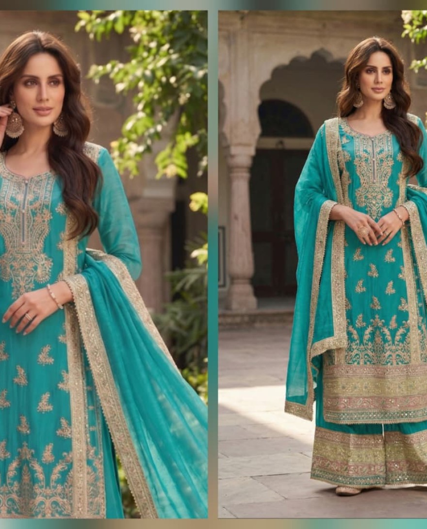 SEAGREEN - Sea Green Chinon Salwar Suit with Embroidered Work