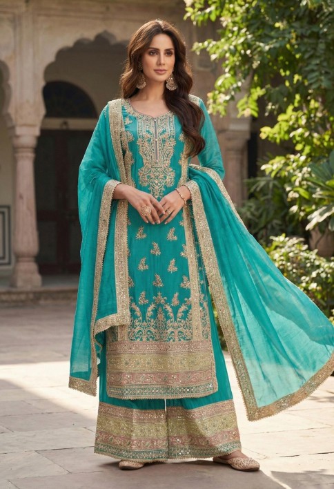 Sea Green Chinon Salwar Suit with Embroidered Work
