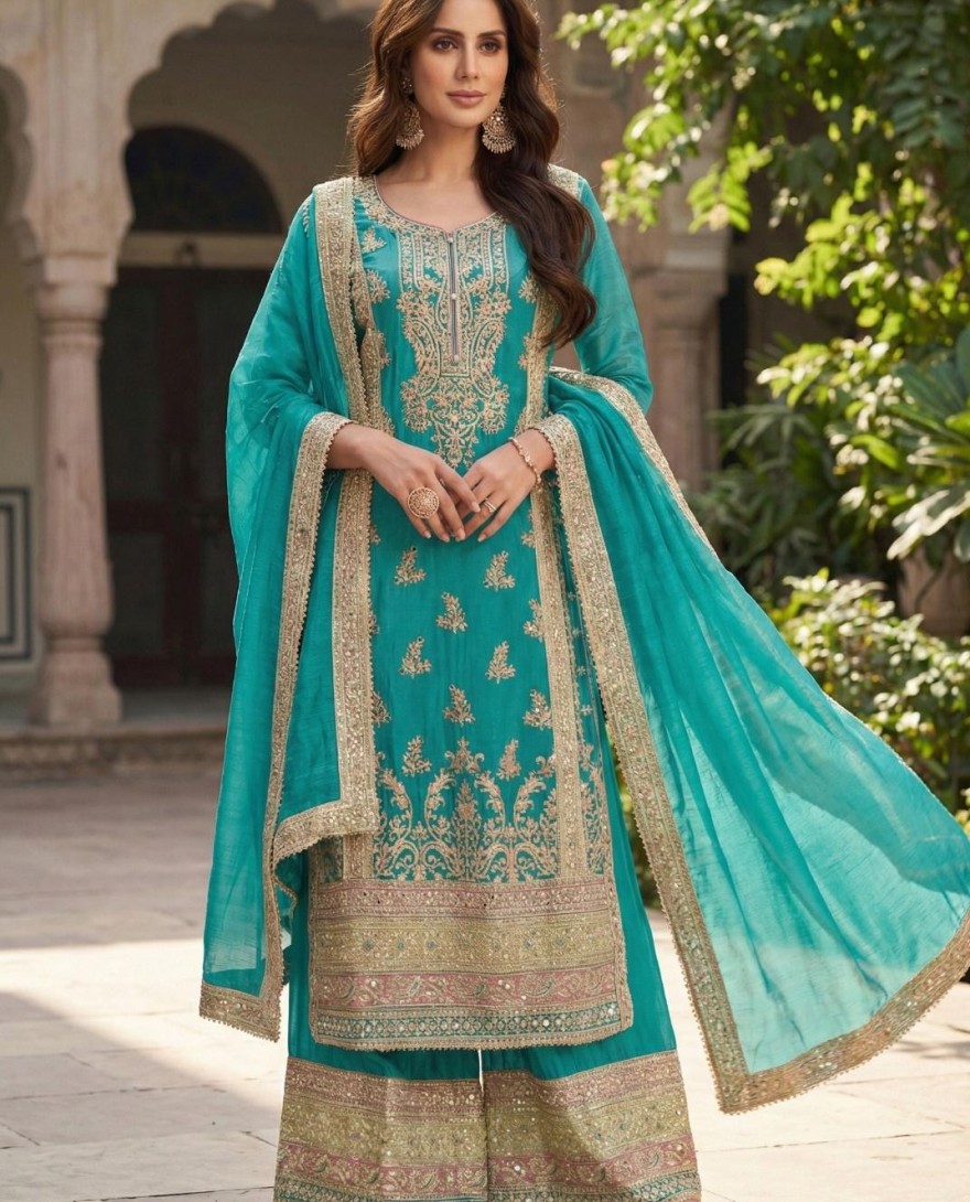 SEAGREEN - Sea Green Chinon Salwar Suit with Embroidered Work
