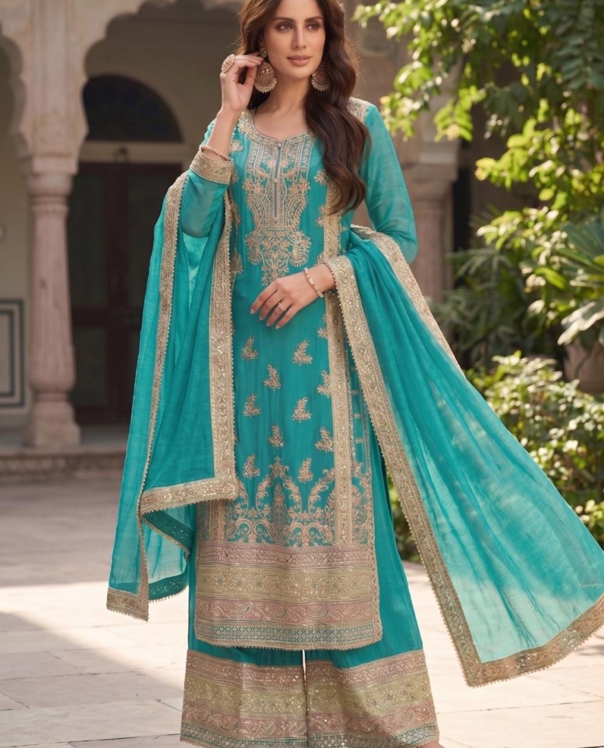 SEAGREEN - Sea Green Chinon Salwar Suit with Embroidered Work