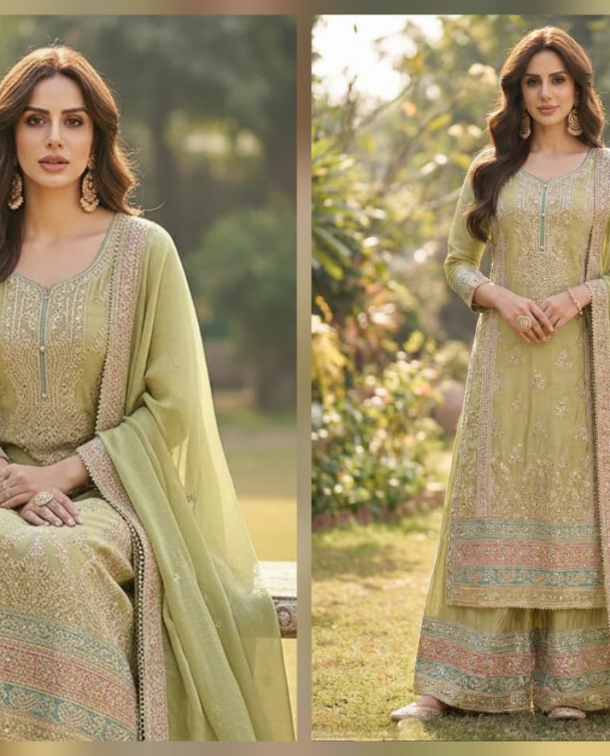 GREEN - Majesty Green Chinon Palazzo Salwar Suit with Embroidered Work