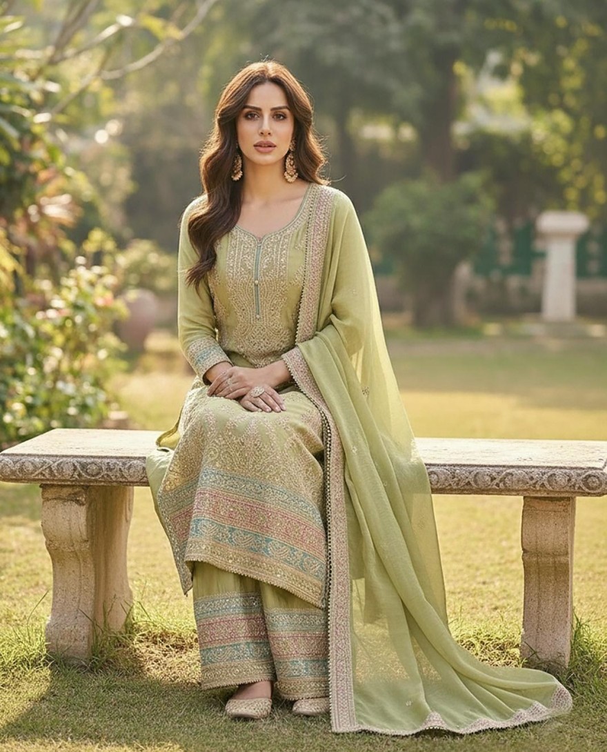 GREEN - Majesty Green Chinon Palazzo Salwar Suit with Embroidered Work