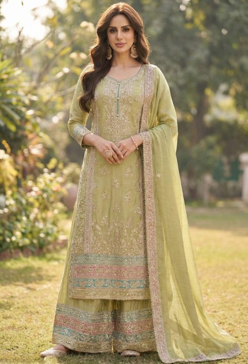 Majesty Green Chinon Palazzo Salwar Suit with Embroidered Work
