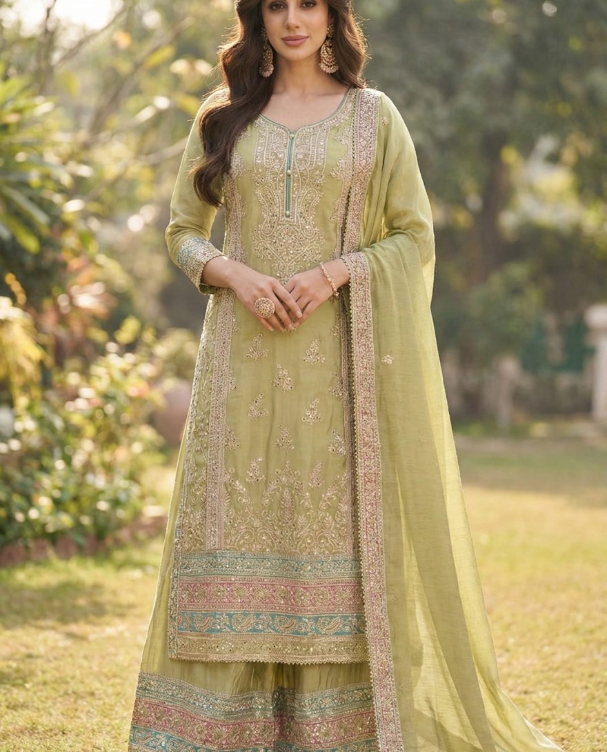 GREEN - Majesty Green Chinon Palazzo Salwar Suit with Embroidered Work