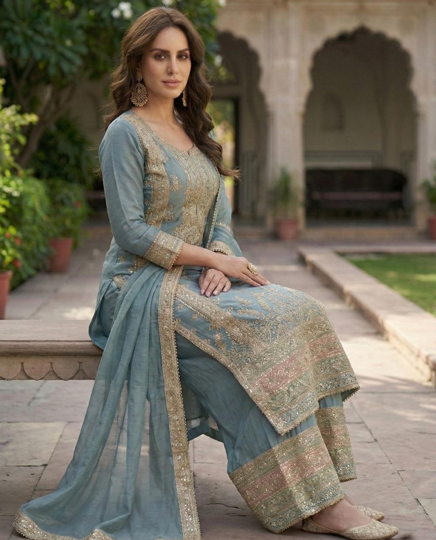 GREY - Grey Chinon Palazzo Salwar Suit with Embroidered Work