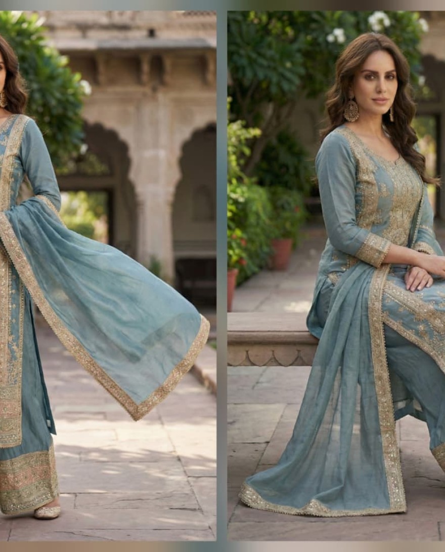 GREY - Grey Chinon Palazzo Salwar Suit with Embroidered Work