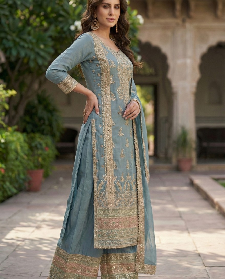 GREY - Grey Chinon Palazzo Salwar Suit with Embroidered Work