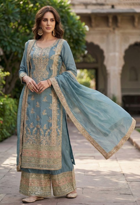 Grey Chinon Palazzo Salwar Suit with Embroidered Work
