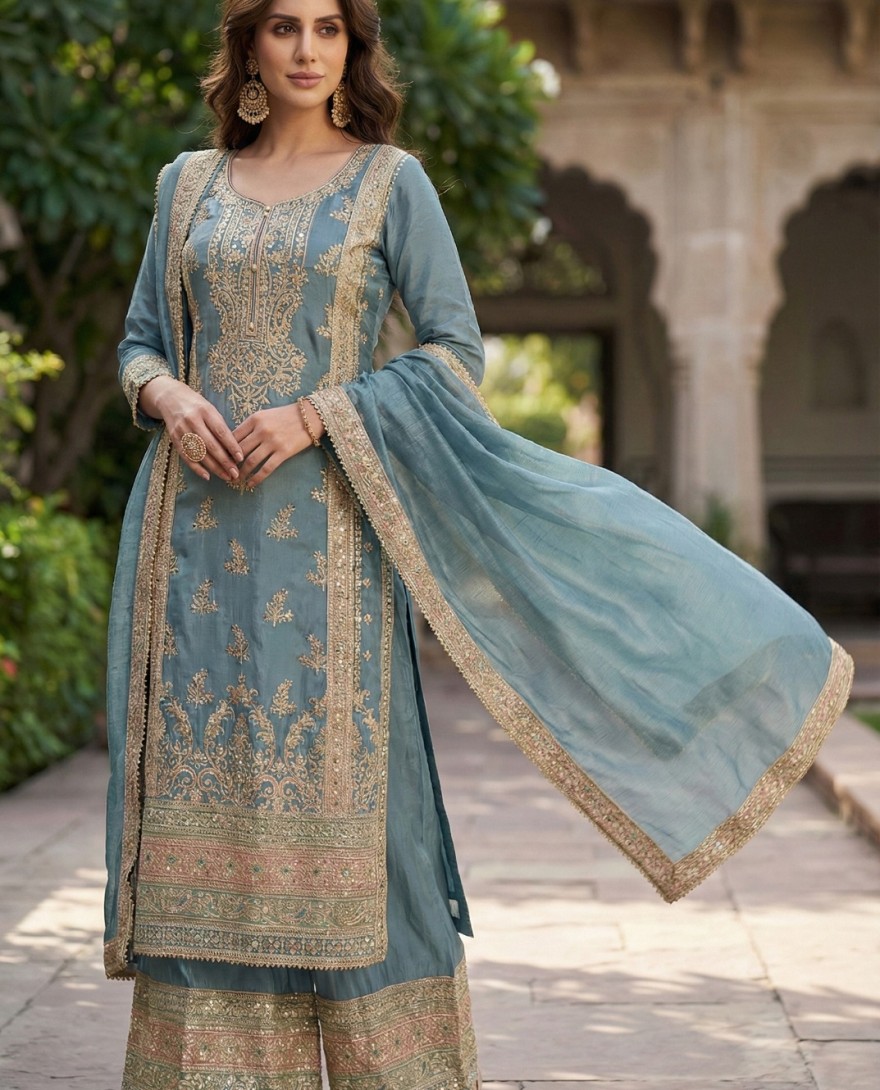 GREY - Grey Chinon Palazzo Salwar Suit with Embroidered Work
