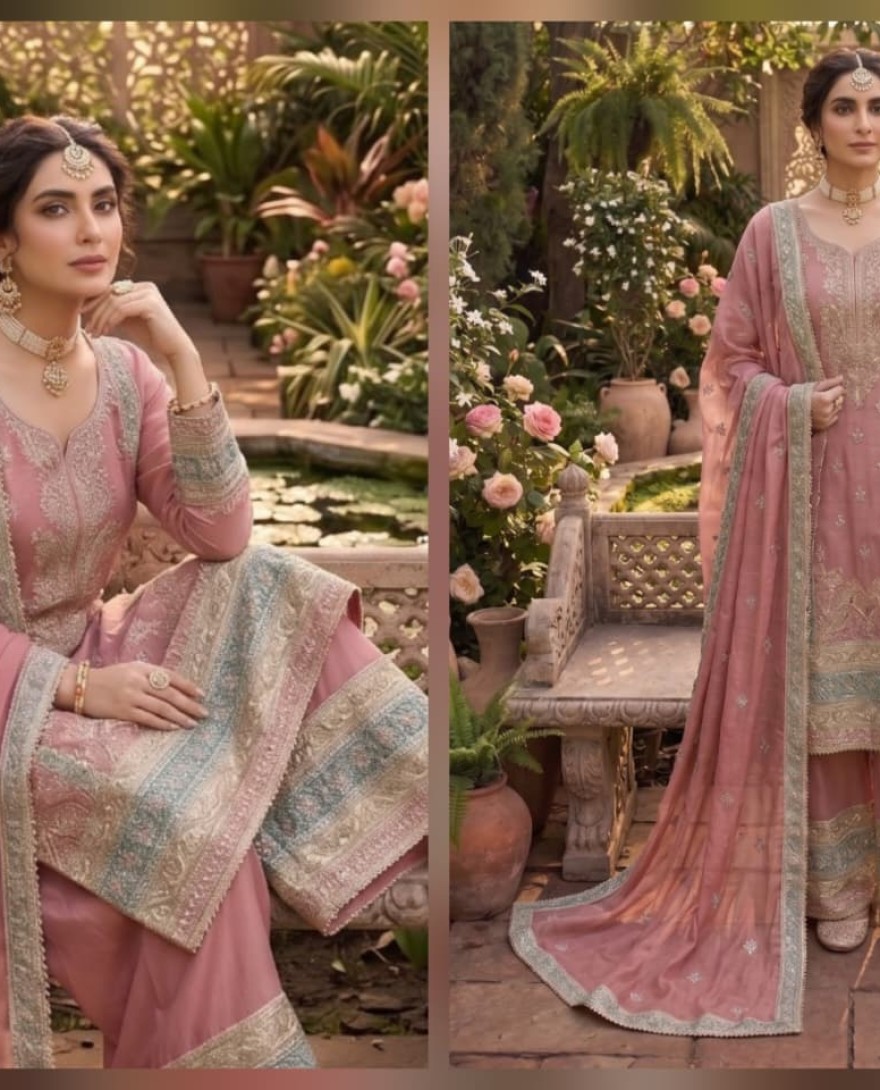 PINK - Embroidered Work Chinon Salwar Suit In Pink Colour