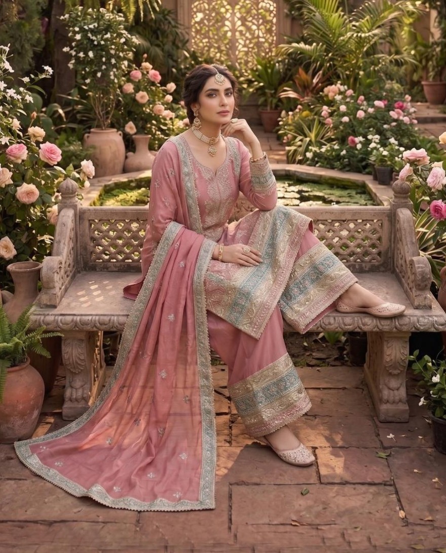 PINK - Embroidered Work Chinon Salwar Suit In Pink Colour