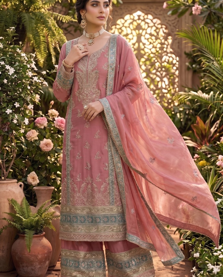 PINK - Embroidered Work Chinon Salwar Suit In Pink Colour