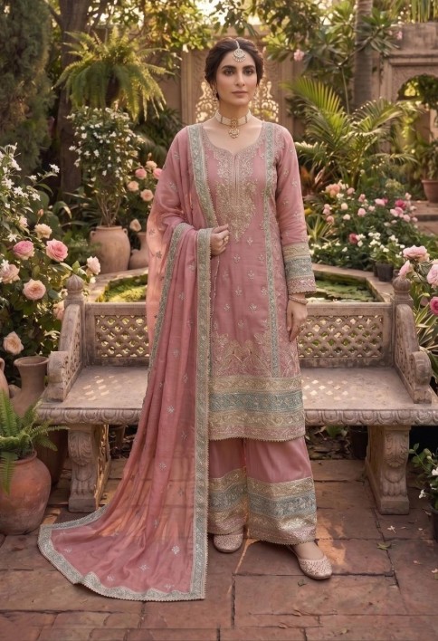 Embroidered Work Chinon Salwar Suit In Pink Colour