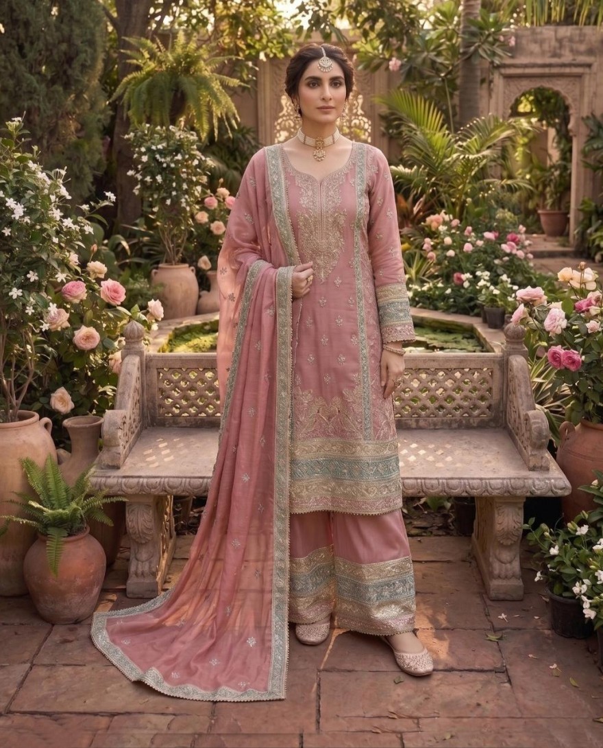 PINK - Embroidered Work Chinon Salwar Suit In Pink Colour