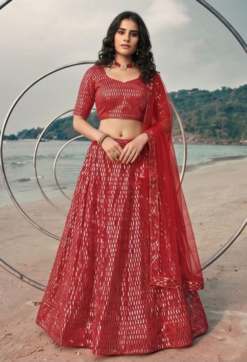 Prodigious Red Net Trendy Lehenga Choli